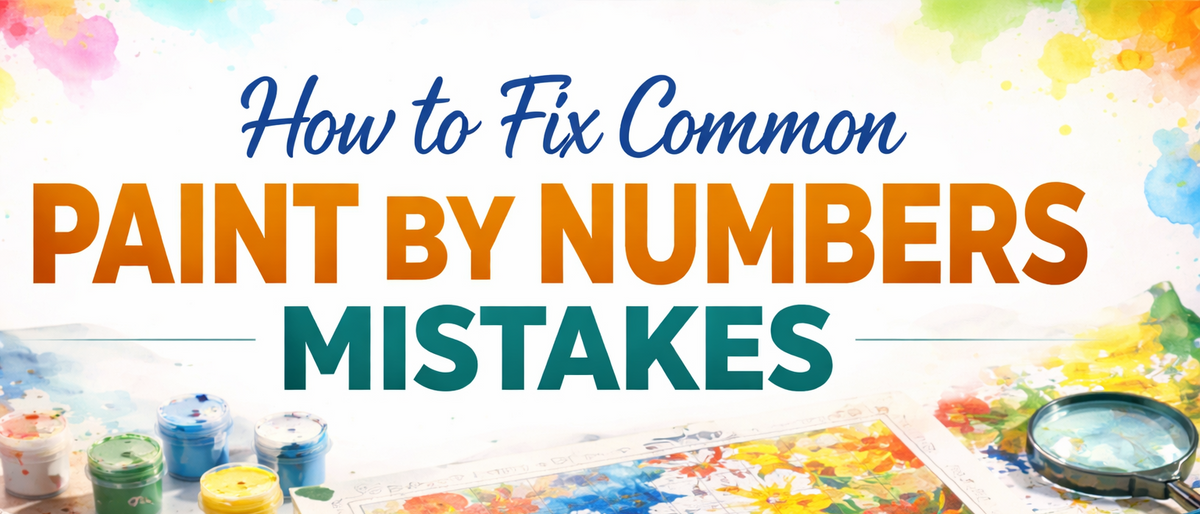 How to fix common paint by numbers mistakes, showing a paint by numbers canvas with visible corrections and painting tools in a step-by-step guide