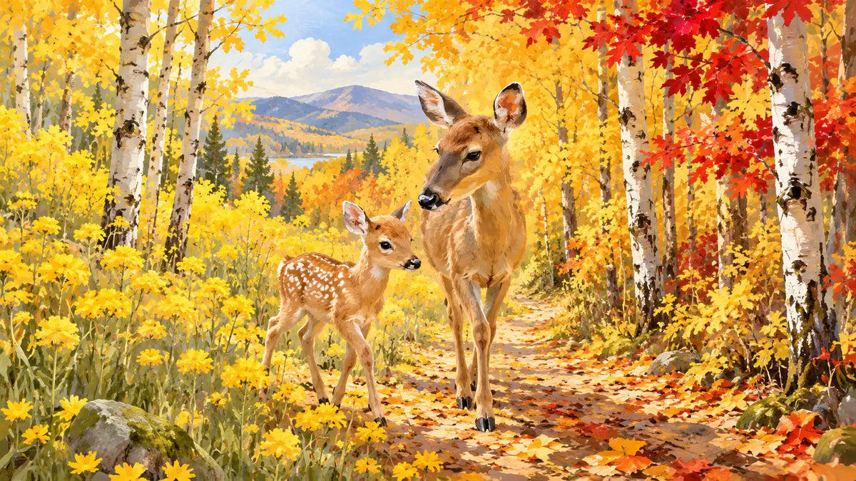 Collage of autumn paint by numbers featuring golden forests, harvest pumpkins, woodland animals and fall city scenes