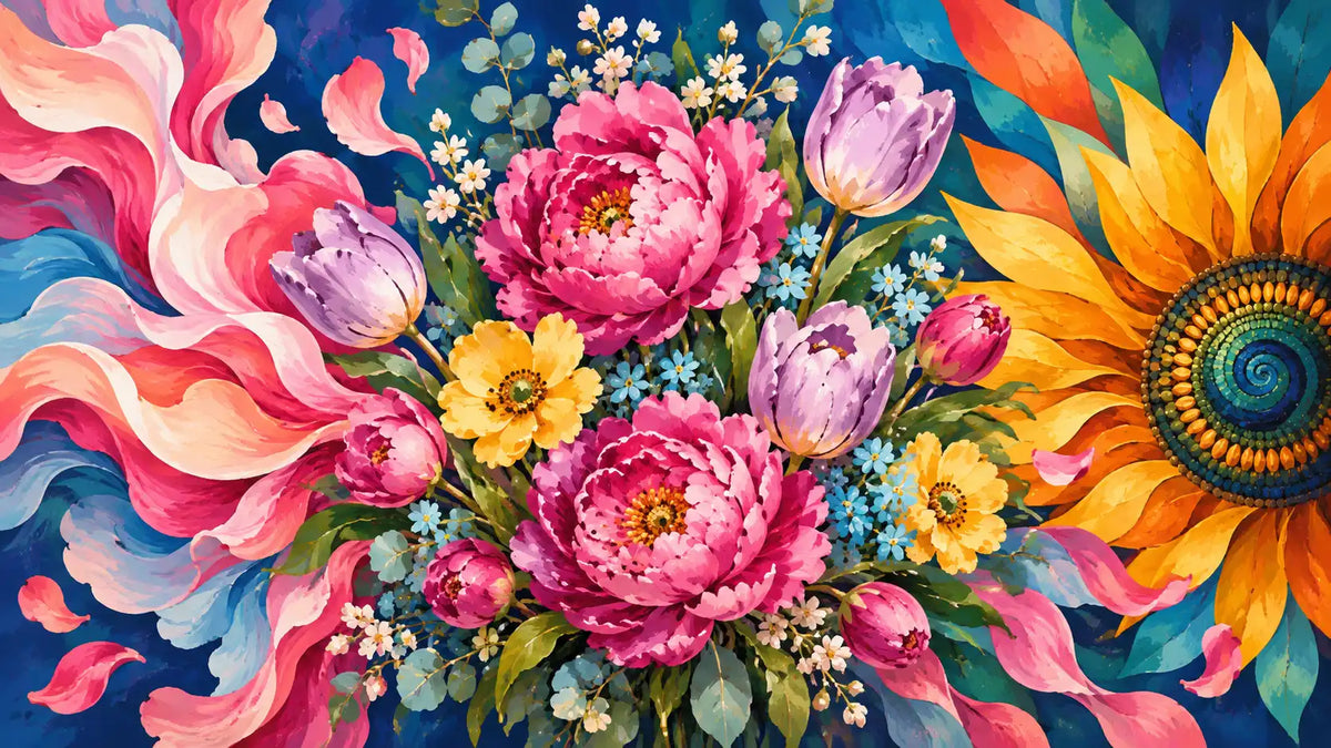 Collage of PaintEasy flower paintings featuring roses, sunflowers, cherry blossoms, peonies and lotus flowers