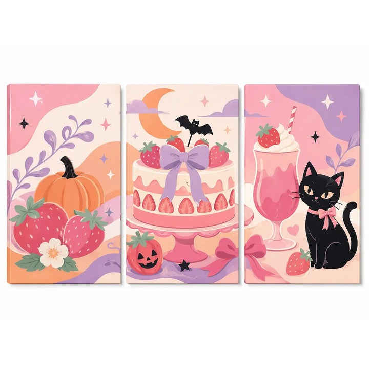 Pink three-panel Halloween painting with a ribboned cake, strawberries, bats and a black cat