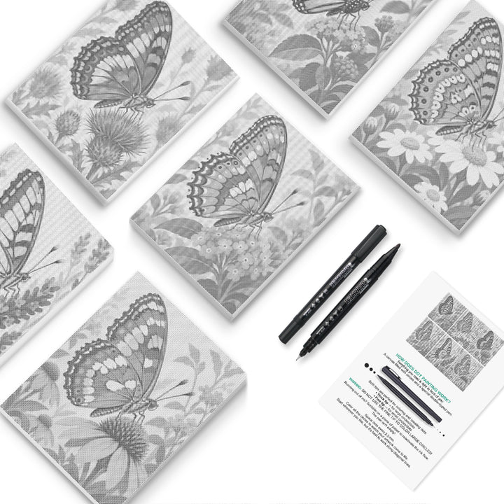 Six butterfly and meadow dot-painting canvases with two black pens and a guide