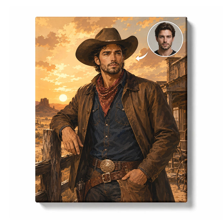 Custom Cowboy Portrait example showing Wide-brimmed hat and neckerchief, Weathered fence and buildings, Golden western sky with a source-photo inset
