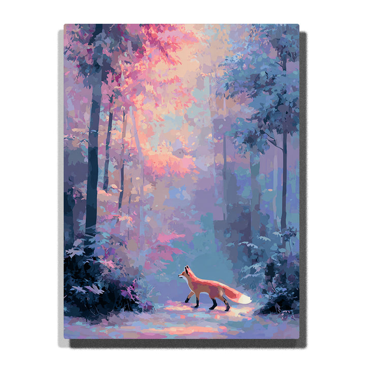 Fox walking through a pastel forest with orange body, pale glowing tail, pink autumn leaves, misty blue shadows, tall trees, and peaceful woodland animal mood, paint by numbers by PaintEasy