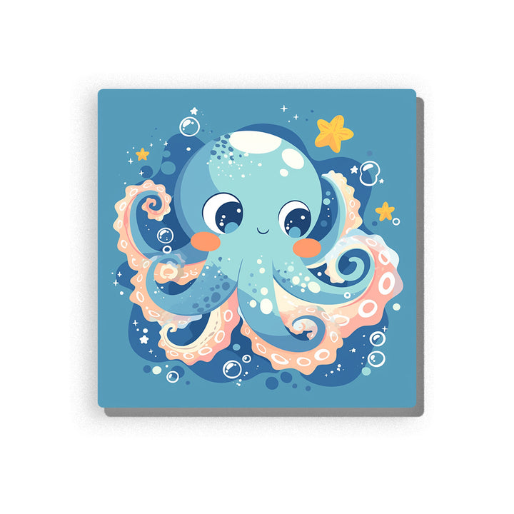Cute blue octopus with curling tentacles, peach cheeks, white bubbles, yellow starfish, soft blue underwater background, and playful ocean animal mood, paint by numbers by PaintEasy