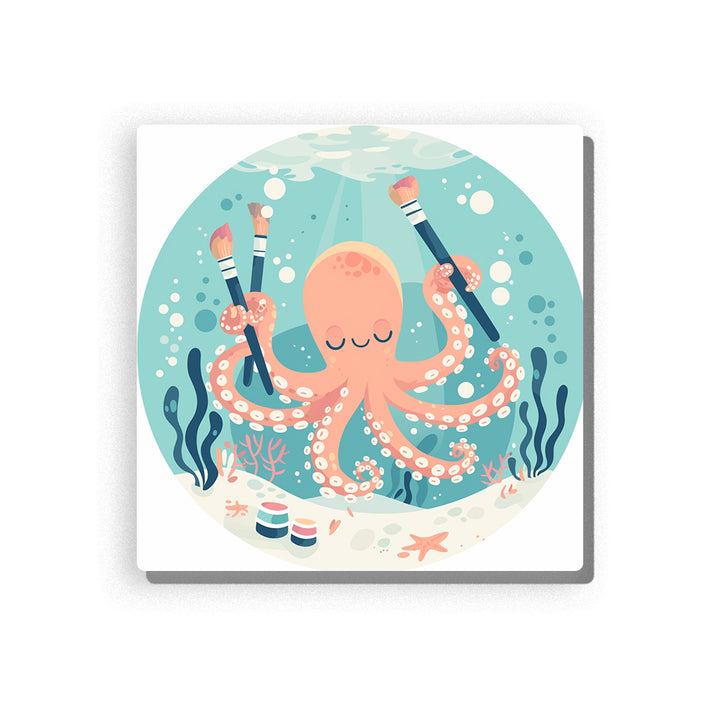 Painting octopus holding brushes under the sea with tentacles, bubbles, coral, sea plants, starfish, soft aqua background, and playful underwater animal mood, paint by numbers by PaintEasy