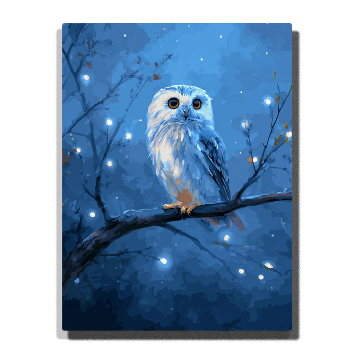 White owl perched on a dark branch in a deep blue night forest with glowing light dots, bare tree branches, layered feathers, and calm woodland animal mood, paint by numbers by PaintEasy
