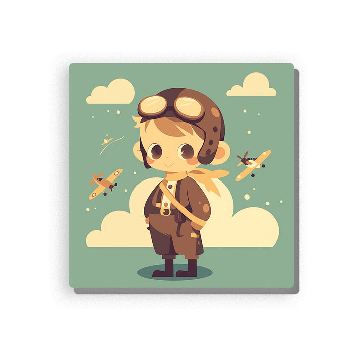 Little aviator wearing brown pilot cap and golden goggles with scarf, satchel, toy planes, cream clouds, sage green sky, and gentle travel adventure mood, paint by numbers by PaintEasy