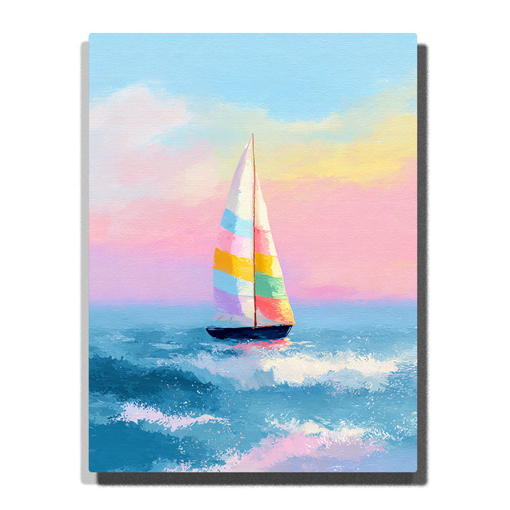 Pastel sailboat on sparkling ocean at sunset with colorful striped sail, dark hull, blue waves, soft pink sky, glowing horizon, and peaceful sea adventure mood, paint by numbers by PaintEasy