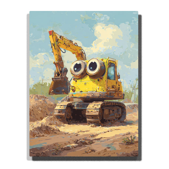 Cute yellow excavator with big cartoon eyes, long digging arm, bucket, crawler tracks, sandy construction site, blue sky, clouds, and playful vehicle mood, paint by numbers by PaintEasy
