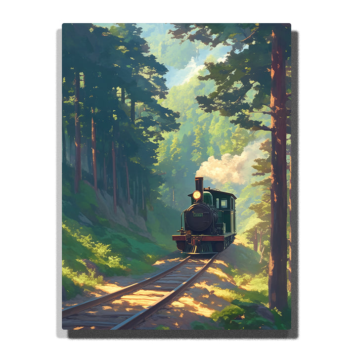 Steam train on a forest railway with sunlit tracks, tall trees, and soft rising steam, landscape paint by numbers wall art by PaintEasy