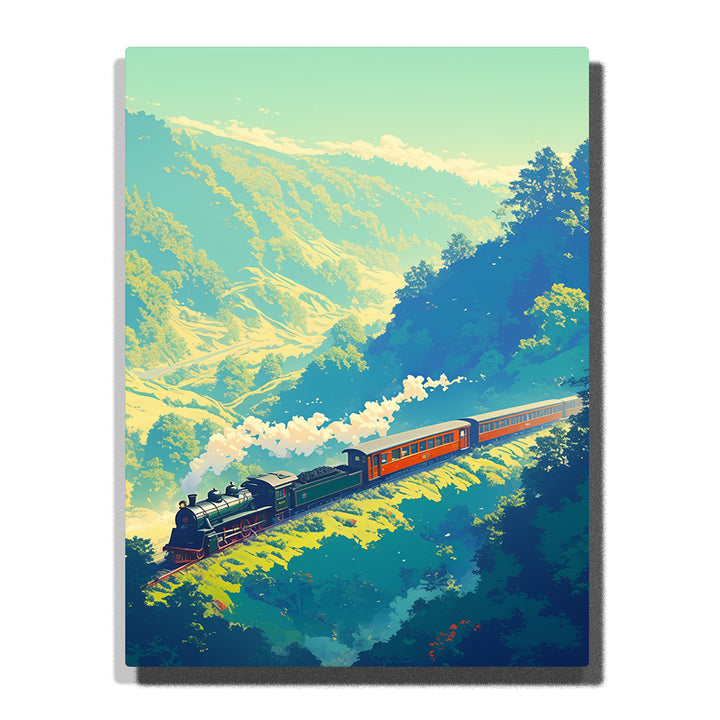 Steam train with red carriages along a sunlit green mountain slope with white steam and layered blue hills, landscape paint by numbers wall art by PaintEasy