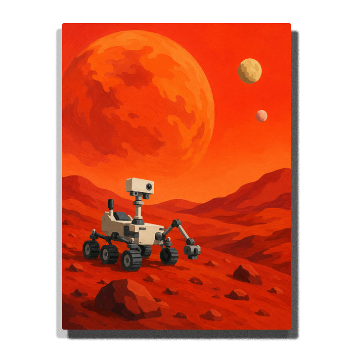 Mars rover exploring red planet landscape with orange sky, giant moon, rocky terrain, distant mountains and futuristic space scenery Paint by Numbers by PaintEasy