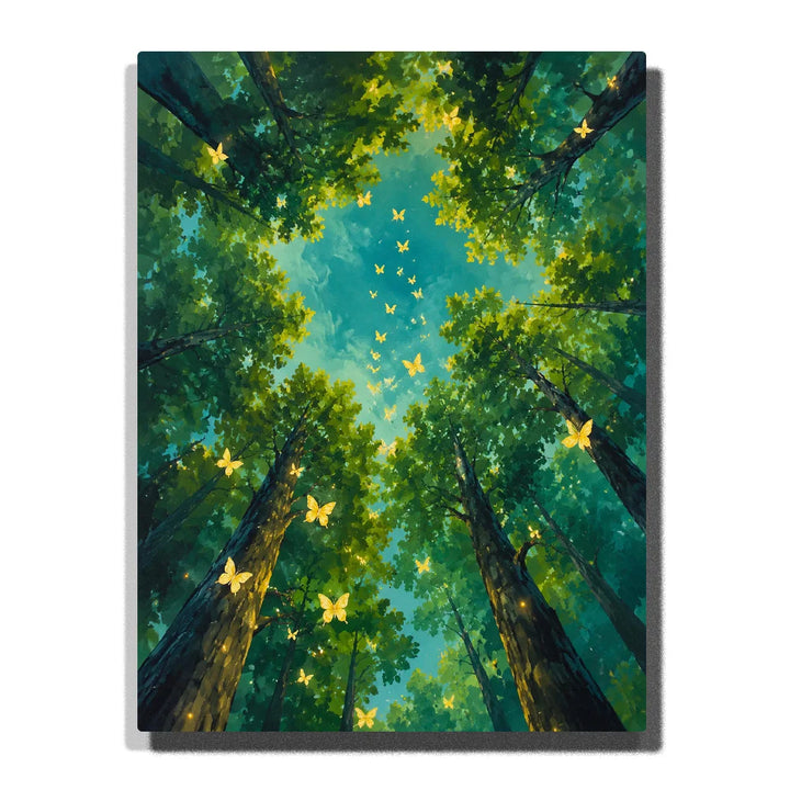 Paint by Numbers artwork looking up through a green forest canopy, with golden butterflies between tall dark trunks beneath a turquoise sky.