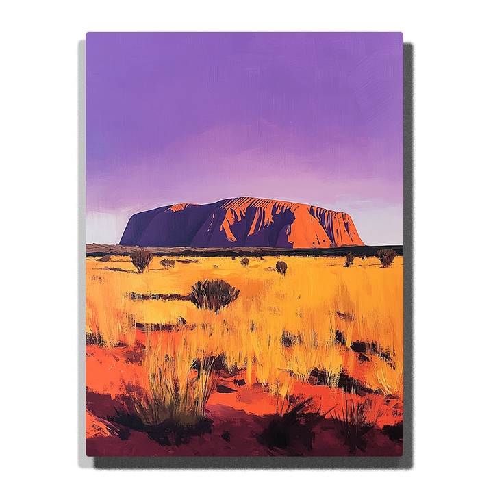 Uluru rising above golden grassland with scattered shrubs under a smooth purple sky in this PaintEasy Paint by Numbers artwork.