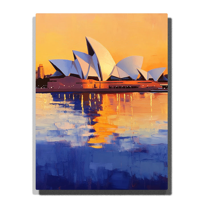 The Sydney Opera House at golden sunset with bright orange sky and broad blue harbor reflections in this PaintEasy Paint by Numbers artwork.