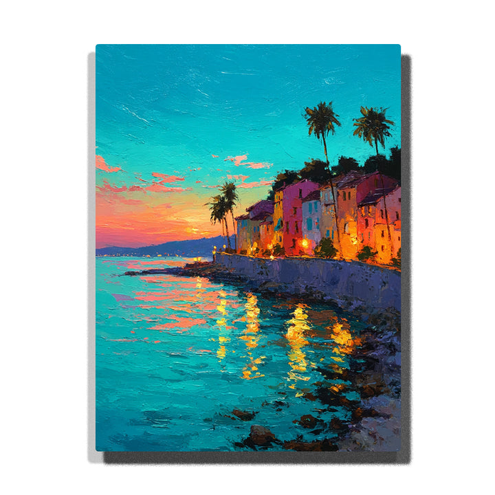 Seaside village with palm trees, glowing waterfront houses, and turquoise sunset water reflections, city paint by numbers wall art by PaintEasy