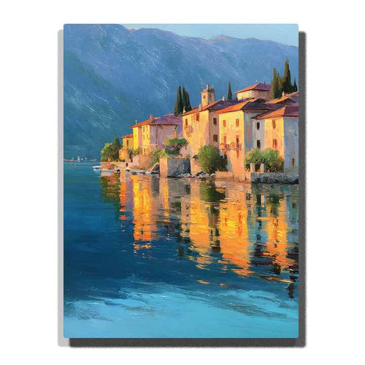 Sunlit waterfront village with pastel houses, golden reflections, blue mountain backdrop, and calm lake water, city paint by numbers wall art by PaintEasy