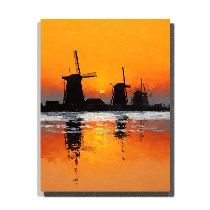 Silhouetted windmills above fiery sunset water with glowing orange sky, mirrored reflections, and historic waterfront city atmosphere, city paint by numbers wall art by PaintEasy
