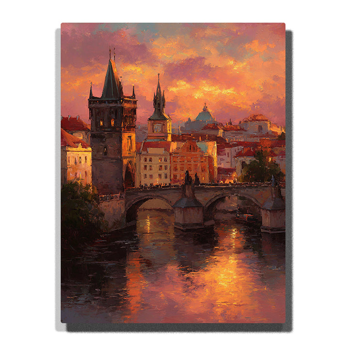 Sunset bridge and old city towers with golden river reflections, warm historic buildings, and glowing evening sky, city paint by numbers wall art by PaintEasy