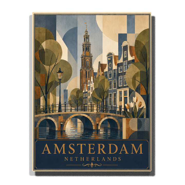 Amsterdam Westerkerk Tower above a canal bridge with Dutch canal houses, geometric trees, calm water reflections and modern travel poster style Paint by Numbers by PaintEasy