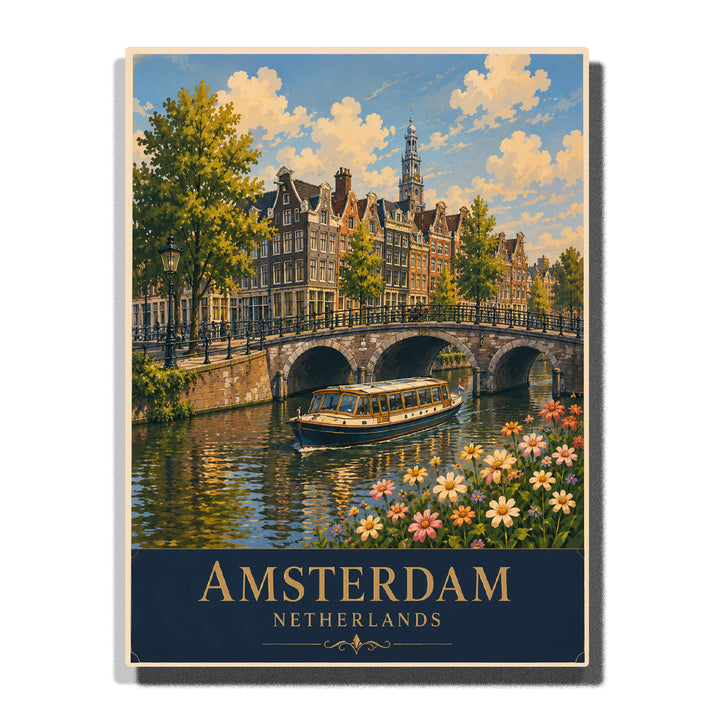 Amsterdam canal bridge with sightseeing boat, historic Dutch buildings, flowers, trees and waterfront city landscape Paint by Numbers by PaintEasy
