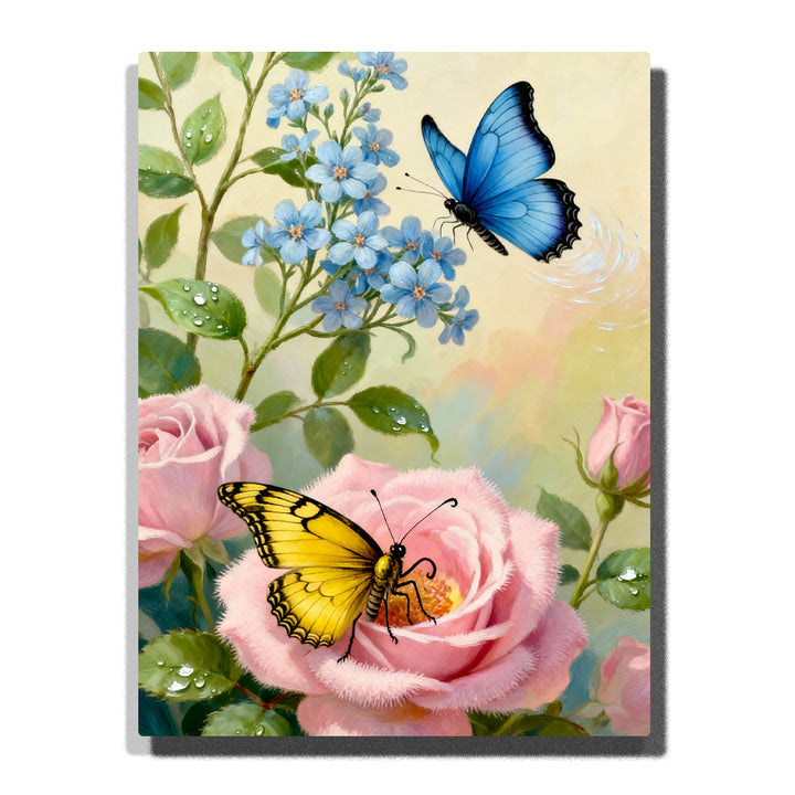 Paint by numbers kit featuring blue and yellow butterflies on pink roses and blue flowers with soft garden background