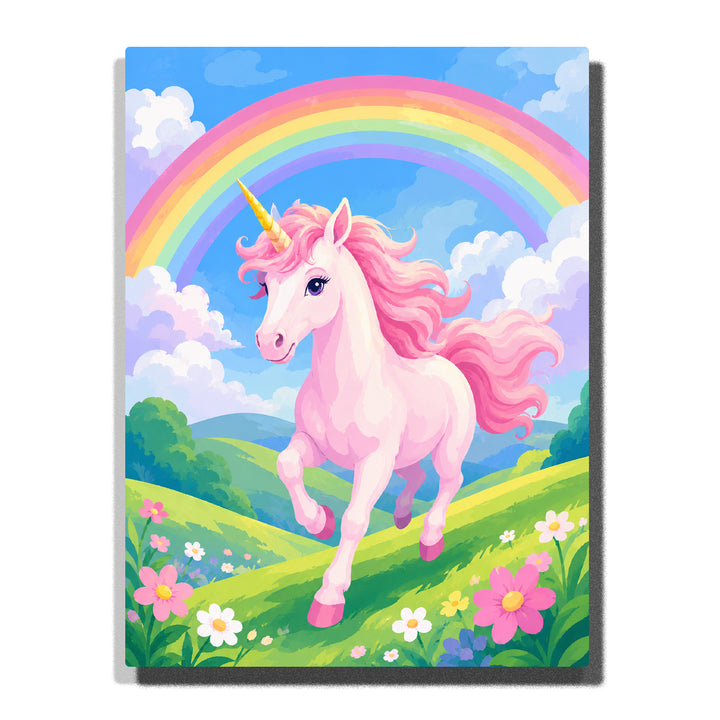 Pink unicorn running through rainbow meadow with colorful flowers, green hills, fluffy clouds and magical fantasy landscape Paint by Numbers by PaintEasy