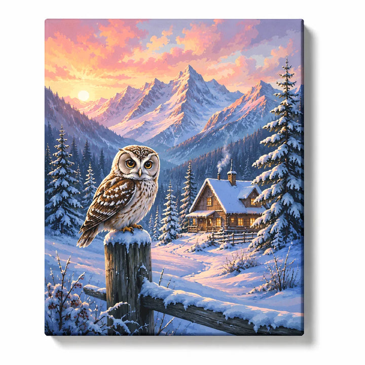 Snowy Owl by the Winter Cabin - paint by numbers kit preview