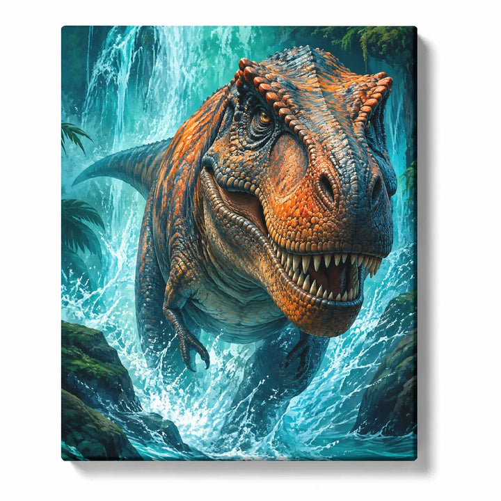 Orange and Teal T-Rex Dinosaur before a Jungle Waterfall artwork on white background