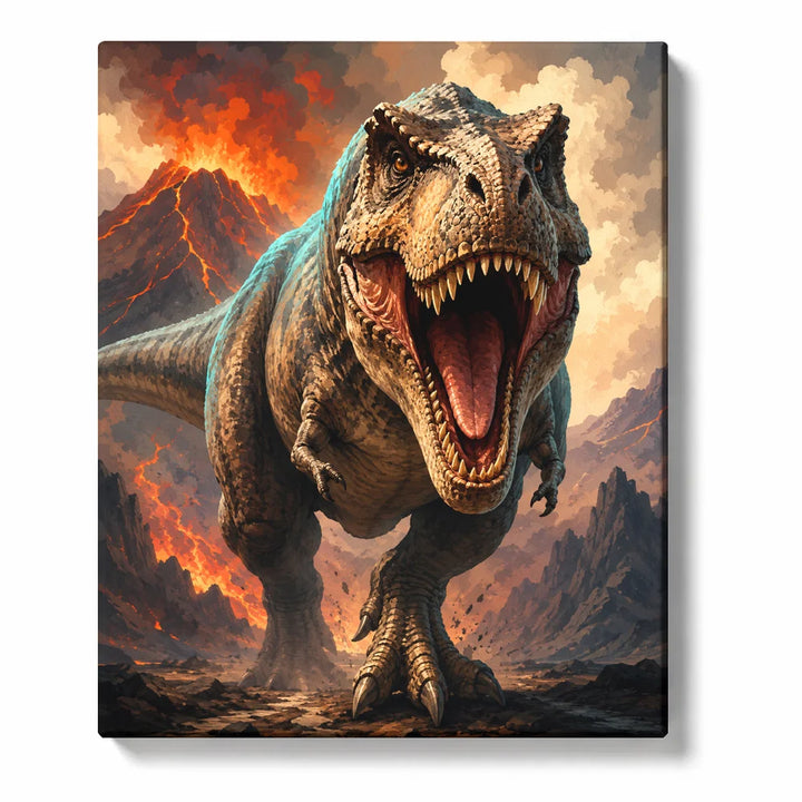 Roaring T-Rex and erupting volcano on a PaintEasy paint by numbers canvas