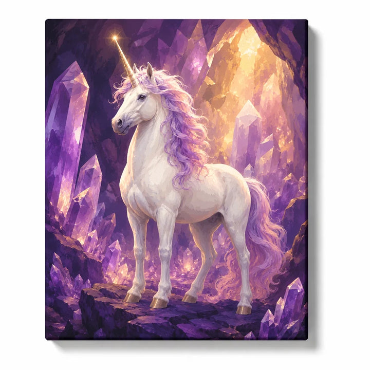 White Unicorn with a Lavender Mane in a Glowing Crystal Cave artwork on white background