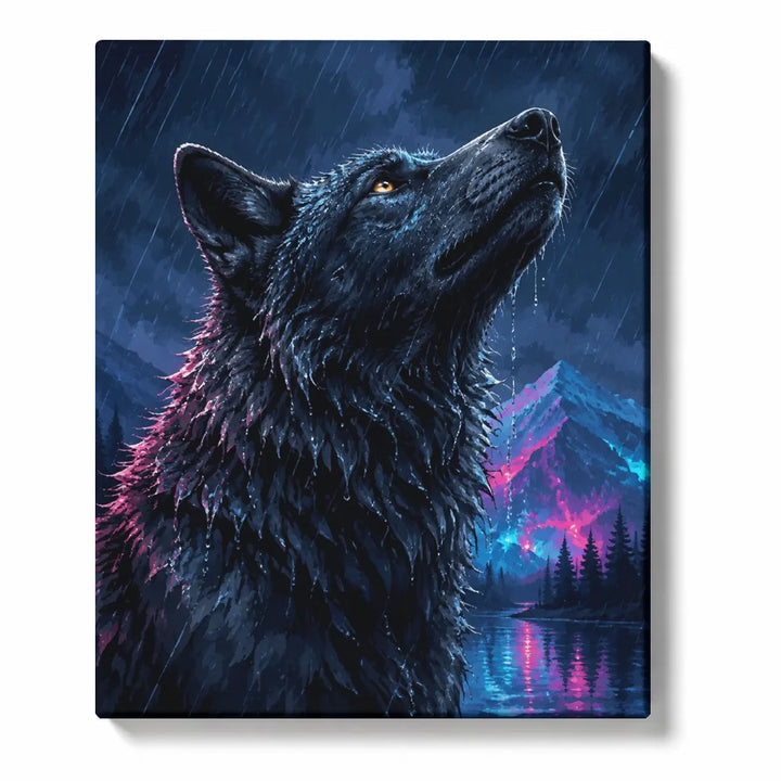 Wolf Paint by Numbers For Adults featuring wolf portrait under rainy mountain sky with dark forest, lake reflection and dramatic blue lighting