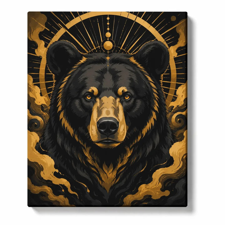 For Adults: Black Bear Portrait with Golden Celestial Halo, Amber Eyes and Mystical Smoke Pai…