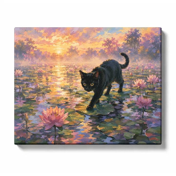 Black Cat Crossing a Monet Lily Pond - paint by numbers kit preview
