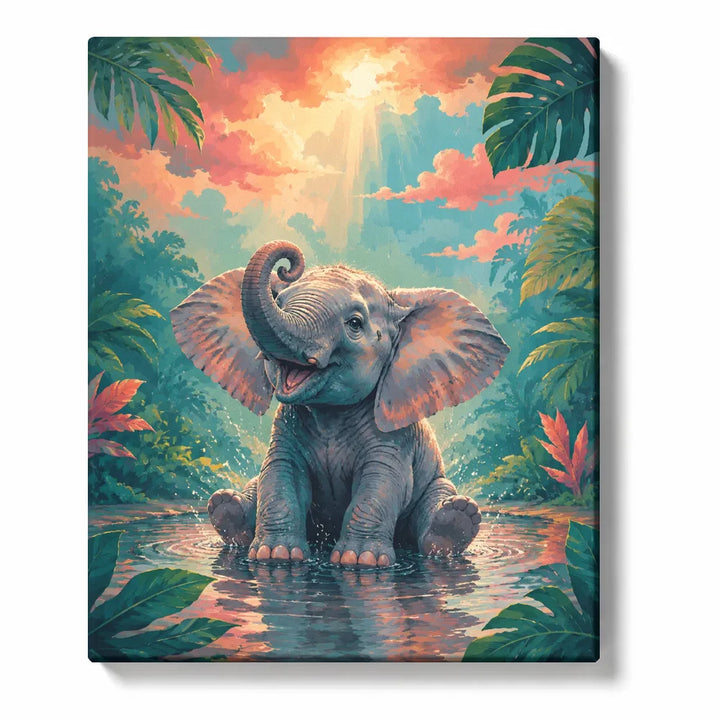 Elephant Paint by Numbers For Adults featuring happy baby elephant with raised trunk sitting in tropical water surrounded by lush jungle leaves and glowing coral sunset