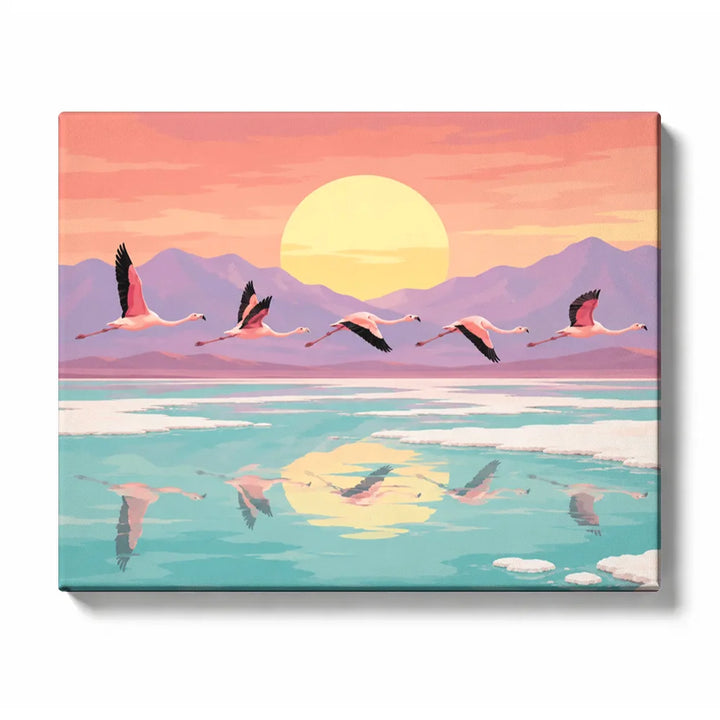 Flamingos flying over a mint lagoon beneath a pastel pink sunset