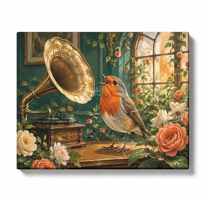 Robin by the Vintage Gramophone - paint by numbers kit preview