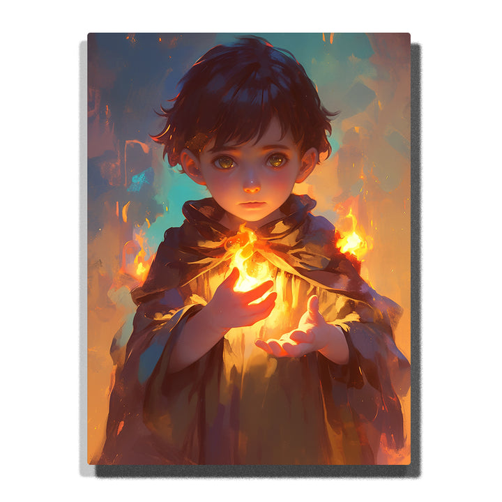 Tiny fire mage boy holding glowing flame in hands with warm orange light, soft cloak, bright eyes, and fantasy Paint by Numbers artwork for kids.