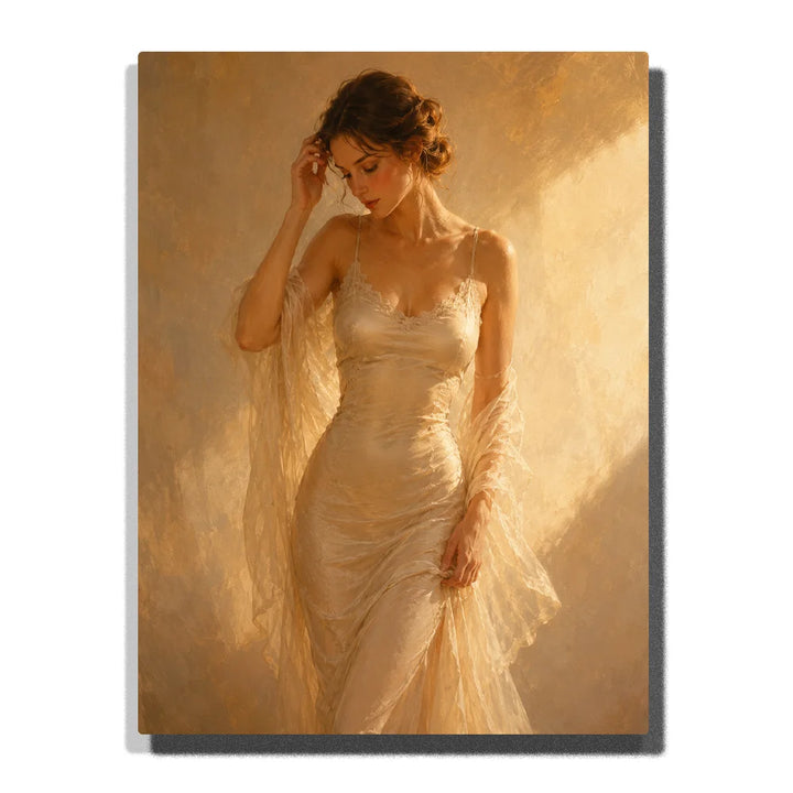 Paint by numbers elegant woman in a flowing ivory satin dress with a sheer shawl, illuminated by soft golden light in a warm romantic portrait.