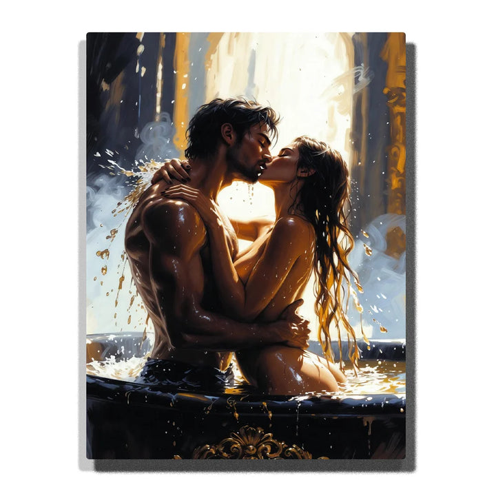 Paint by numbers passionate couple kissing and embracing in a luxurious bath, surrounded by splashing water and dramatic golden light.