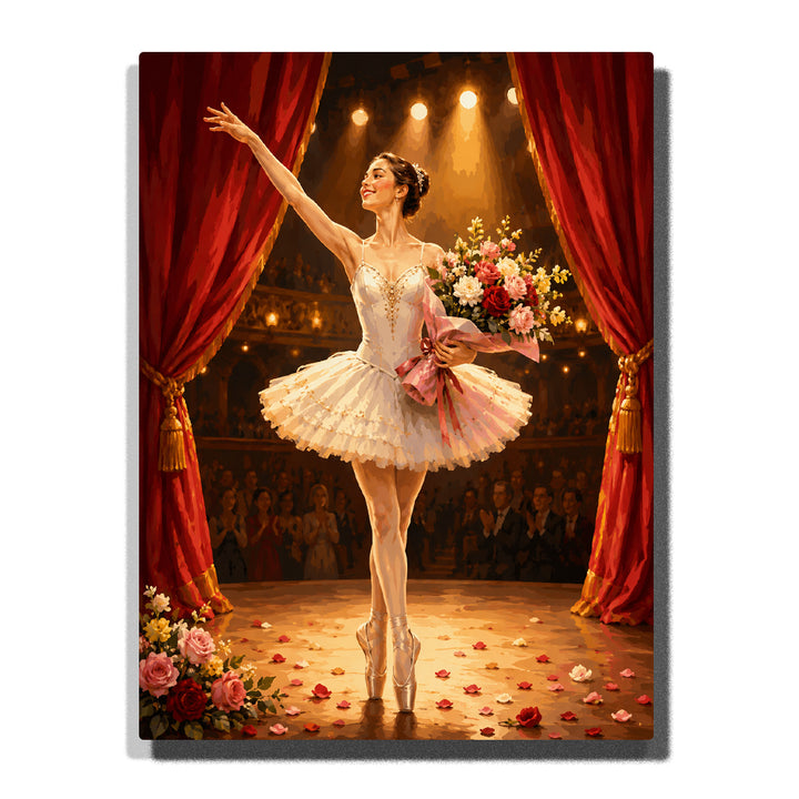 Elegant ballerina taking a final bow on a theater stage with flower bouquet, red velvet curtains, golden spotlights and applauding audience Paint by Numbers by PaintEasy