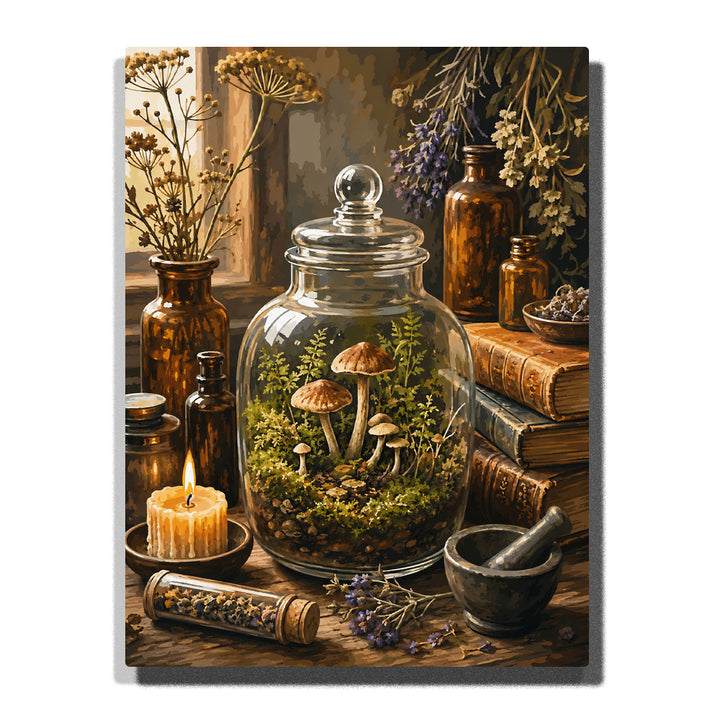 Mushroom terrarium on a candlelit desk with books, bottles and a mortar