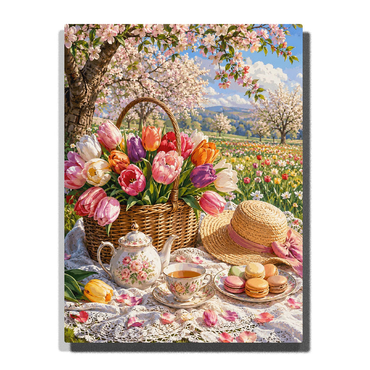 Tulip Basket and Tea Picnic with a Straw Hat artwork displayed on a white background