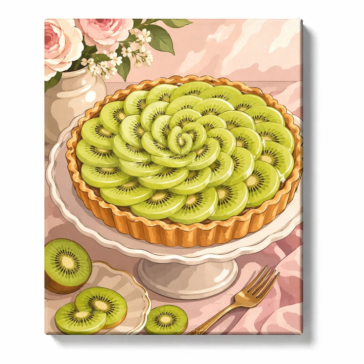 Spiral Kiwi Tart on a Pink Cake Stand artwork displayed on a white background