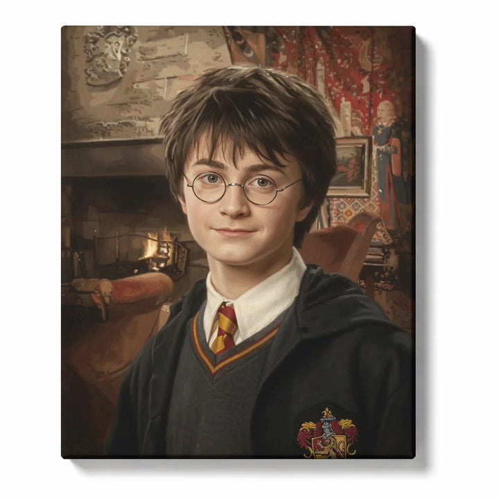 Harry Potter Paint by Numbers For Adults featuring young wizard portrait with round glasses, dark hair, school robes, red and gold tie and warm magical fireplace interior