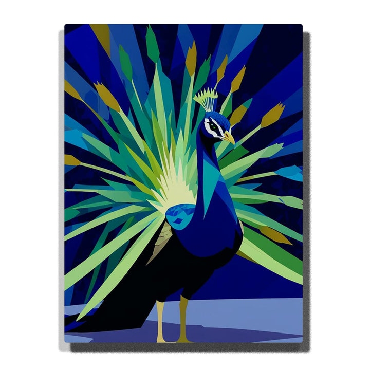 Paint by Numbers midnight peacock with radiant teal and lime fan tail on a deep blue background, geometric bird wall art