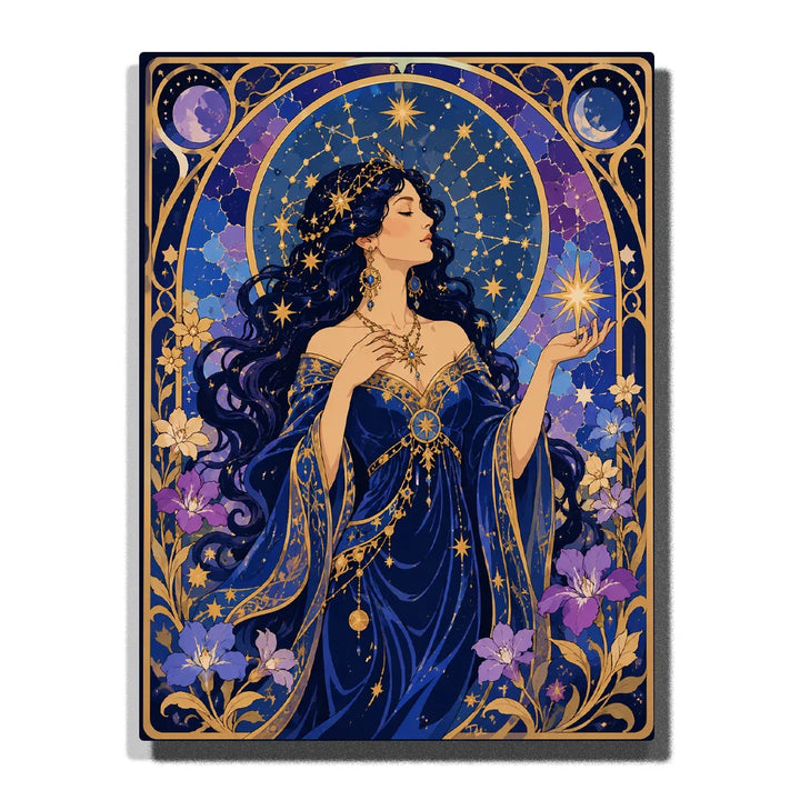 Celestial Star Goddess Paint by Numbers For Adults featuring midnight blue gown, flowing dark hair, golden constellations, crescent moon, glowing stars and purple flowers