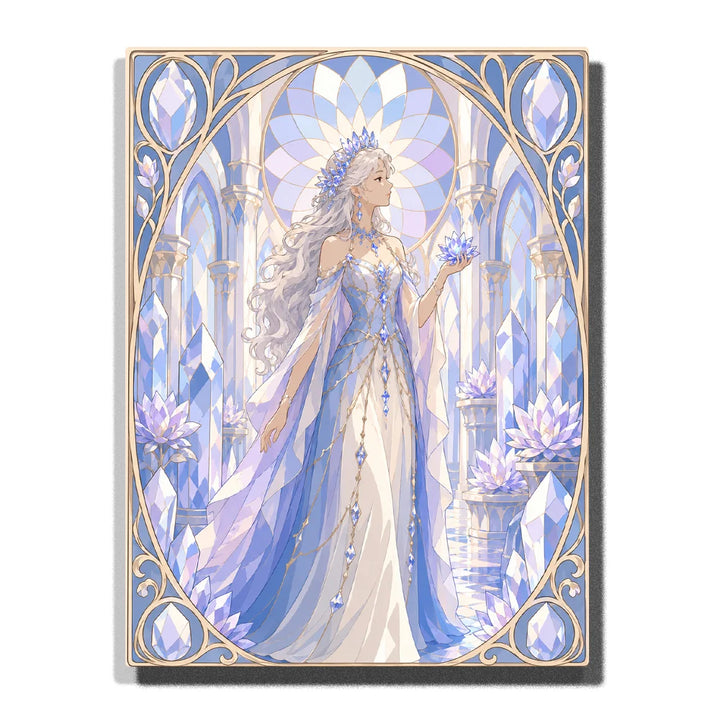 Crystal Palace Queen Alphonse Mucha Paint by Numbers For Adults featuring silver-white hair, diamond crown, blue lotus, jeweled gown and luminous crystal palace