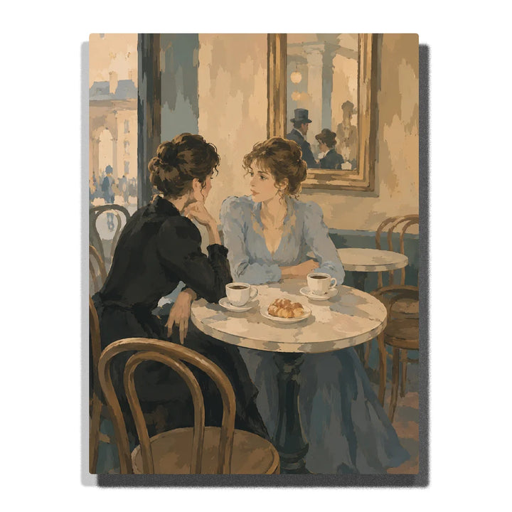 Degas inspired Paint by Numbers For Adults featuring two women talking over coffee and pastries at a European café table with mirror and impressionist interior