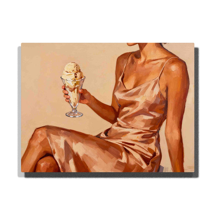 Mocha Mousse inspired woman in champagne satin dress holding a glass of vanilla ice cream, with warm coffee brown tones, creamy beige background, caramel skin shadows, satin highlights, and elegant figurative composition, Paint by Numbers kit for adults by PaintEasy.